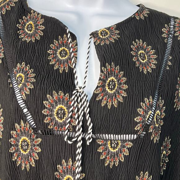 POL Boho Peasant Black Floral Artisan Midi Dress Cinched Waist Tassels Indie M - Picture 4 of 14